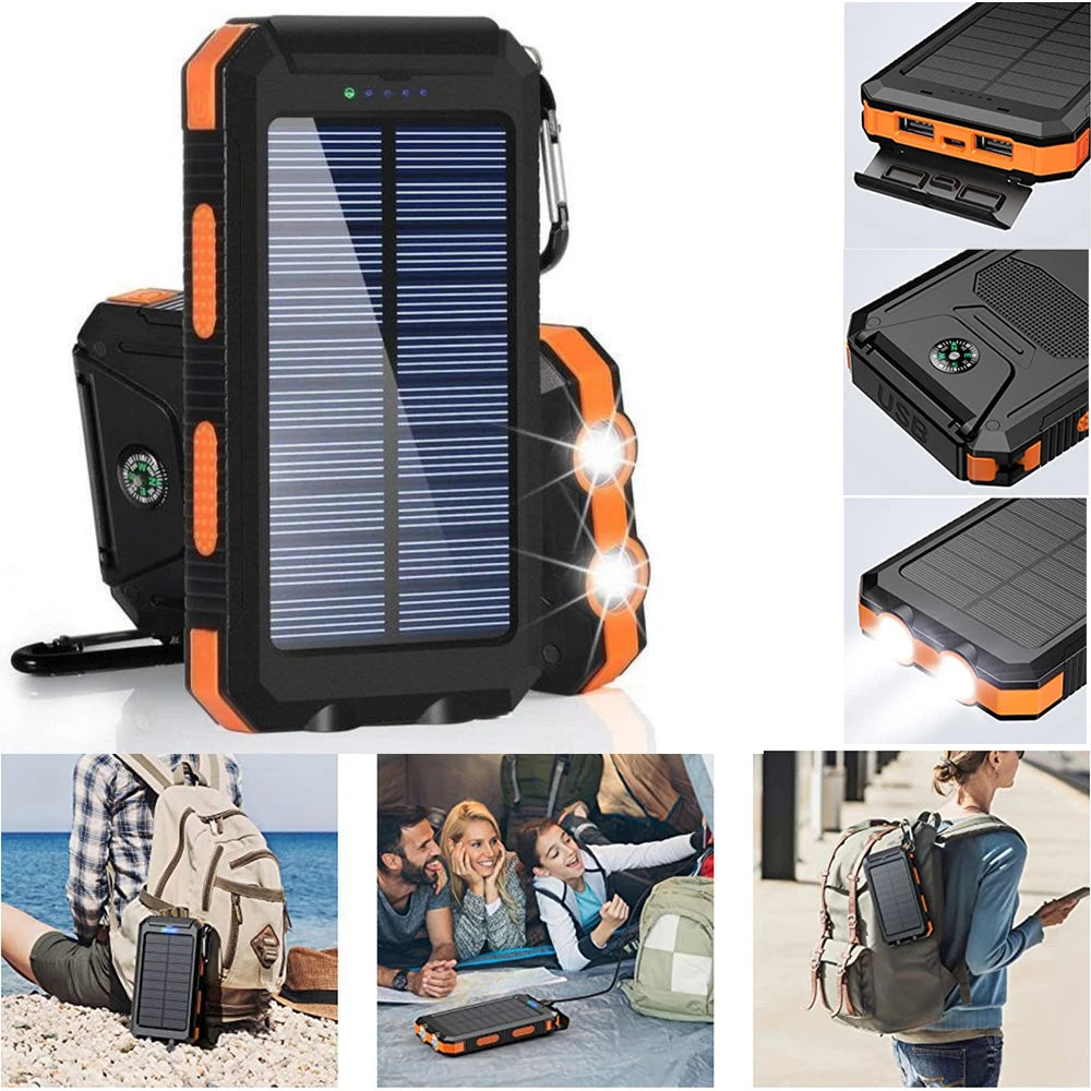 20000Mah Portable Solar Power Bank Camping External Battery Charger for Mobile Phones 2 USB/ LED Flashlights Charger