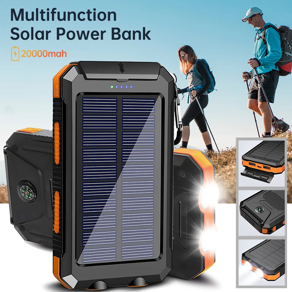 20000Mah Portable Solar Power Bank Camping External Battery Charger for Mobile Phones 2 USB/ LED Flashlights Charger