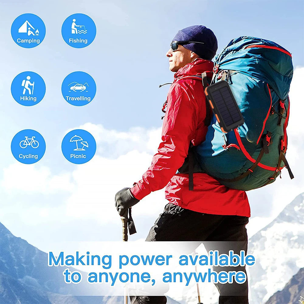 20000Mah Portable Solar Power Bank Camping External Battery Charger for Mobile Phones 2 USB/ LED Flashlights Charger