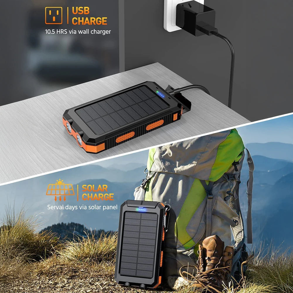 20000Mah Portable Solar Power Bank Camping External Battery Charger for Mobile Phones 2 USB/ LED Flashlights Charger